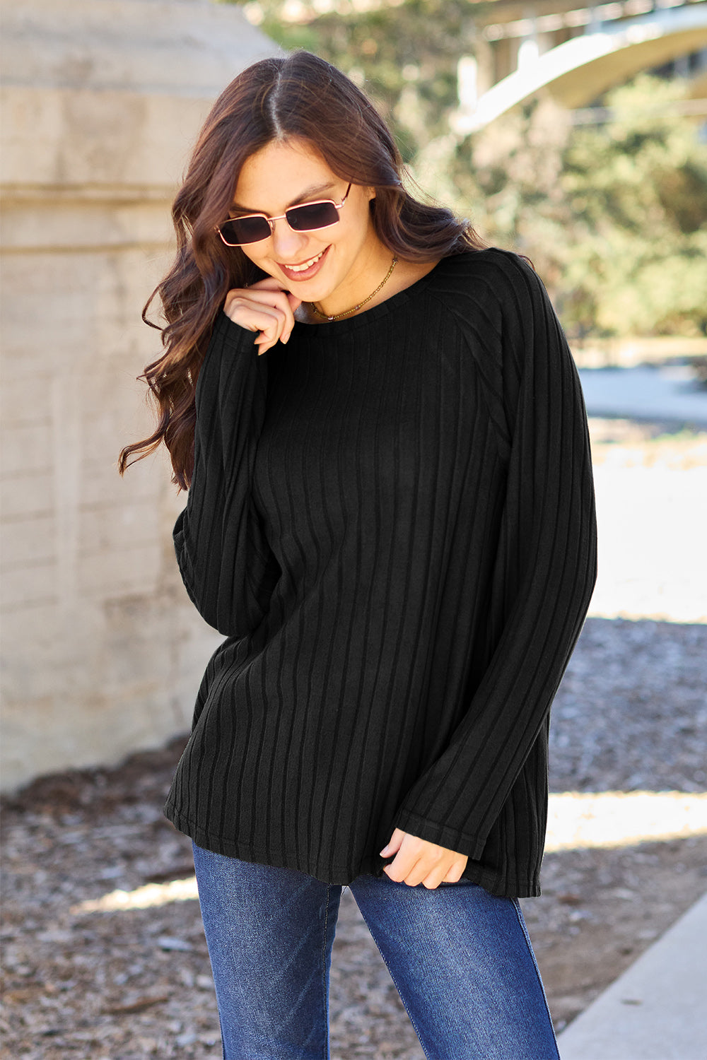 Basic Bae Full Size Ribbed Round Neck Long Sleeve Knit Top | Gulf Resellers