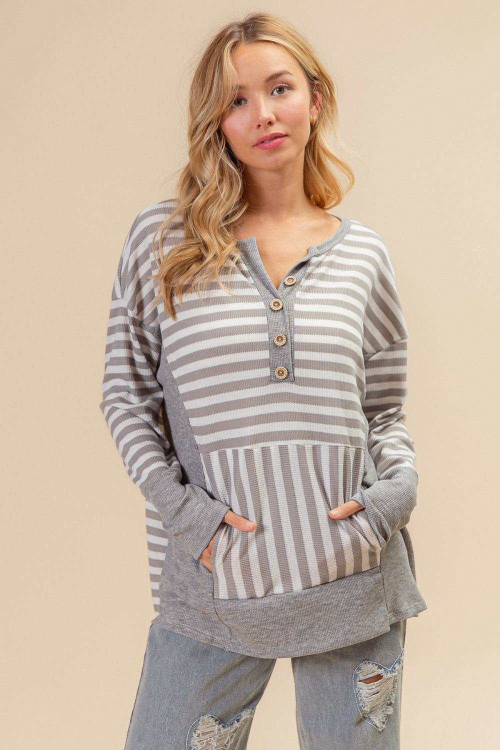 BiBi Striped Thumbhole Long Sleeve Top 6589 | Gulf Resellers