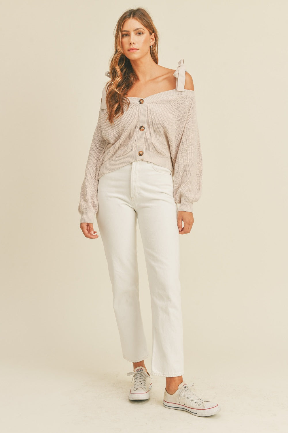 MABLE Off Shoulder Self Tie Strap Button Down Sweater 9163 | Gulf Resellers