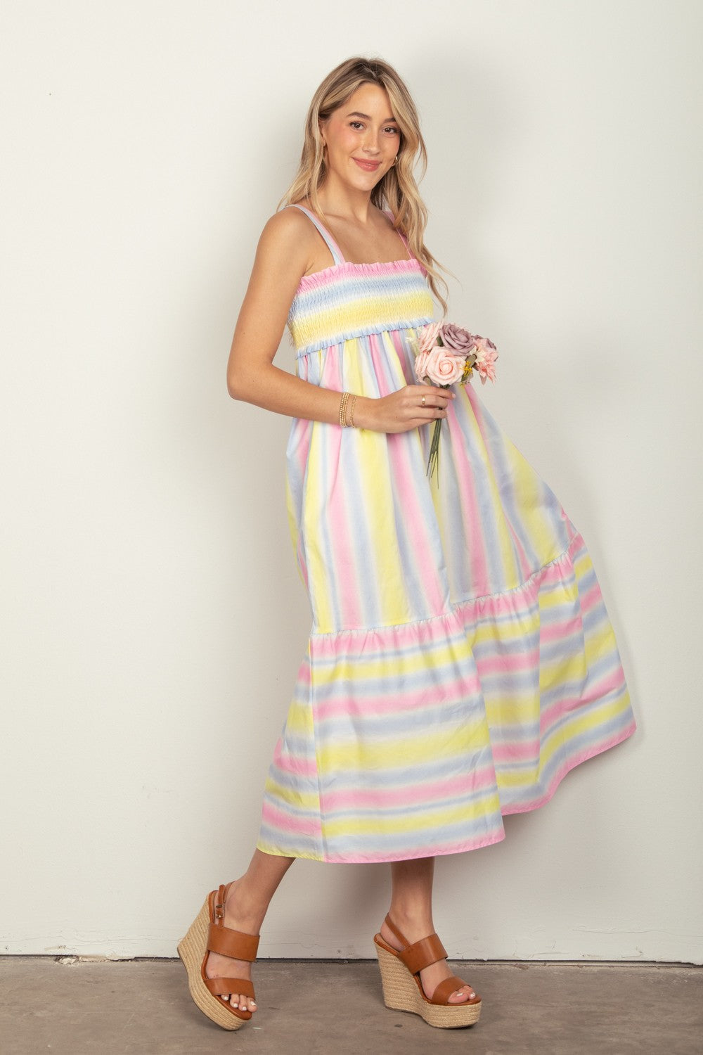 VERY J Striped Woven Smocked Midi Cami Dress 5121 | Gulf Resellers