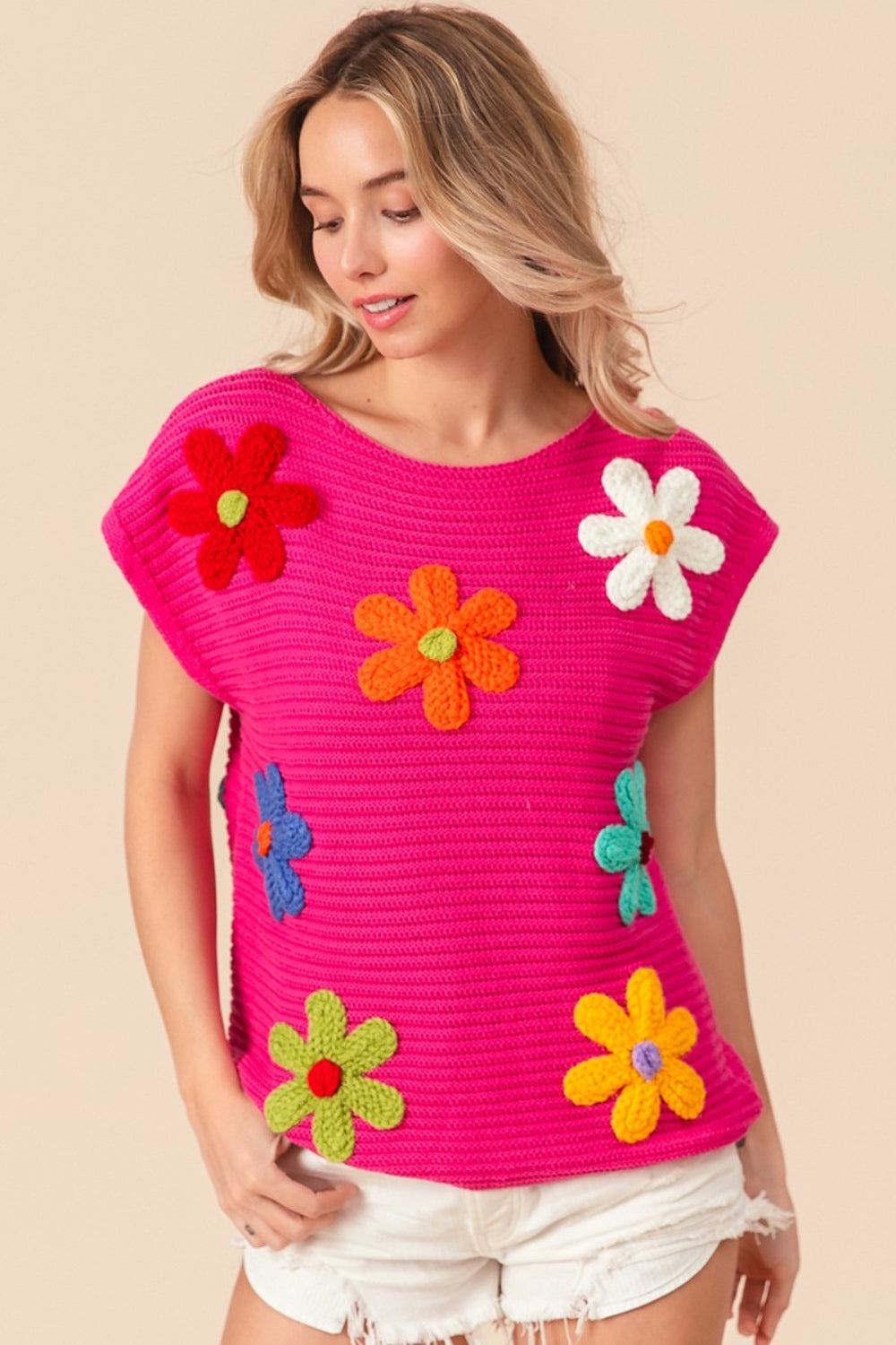 BiBi Flower Round Neck Cap Sleeve Knit Top 8339 | Gulf Resellers