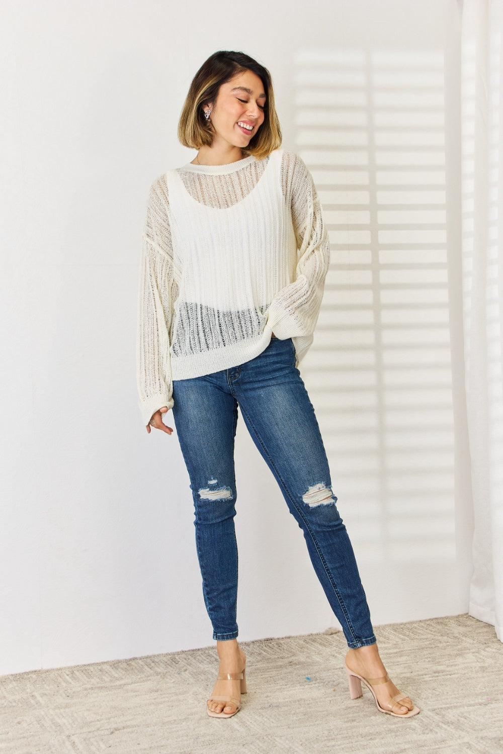 HYFVE Openwork Ribbed Trim Long Sleeve Knit Top | Gulf Resellers