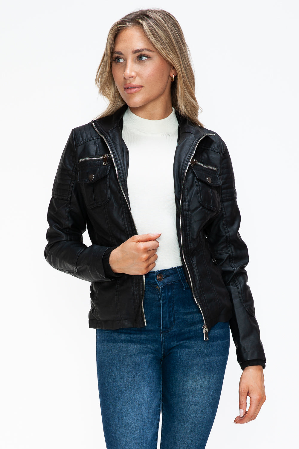 YMI Removable Faux Layered Multi-Pocket Jacket with Fuzzy Hood 15820 | Gulf Resellers