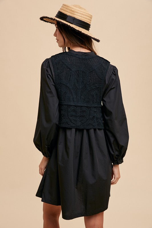 Annie Wear Crochet Vest Notched Long Sleeve Shirt Dress 20391 | Gulf Resellers