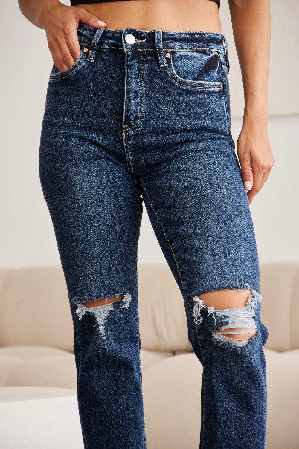 RFM Crop Dylan Full Size Tummy Control Distressed High Waist Raw Hem Jeans 4921 | Gulf Resellers