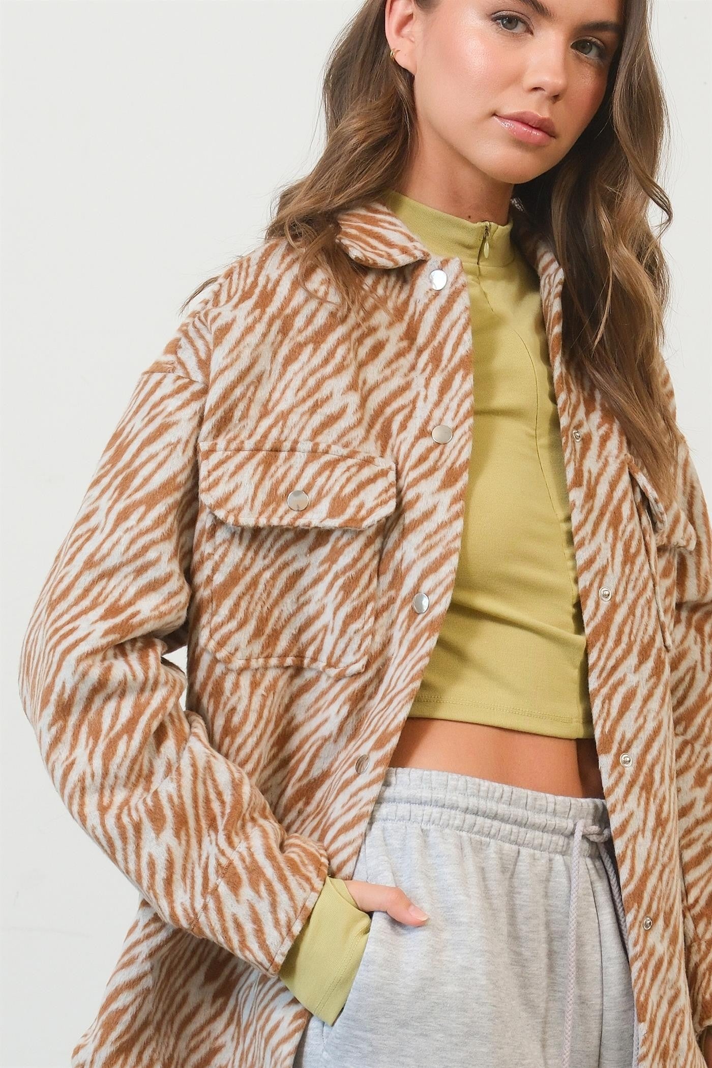 HYFVE Zebra Print Snap Down Long Sleeve Shacket 12835 | Gulf Resellers