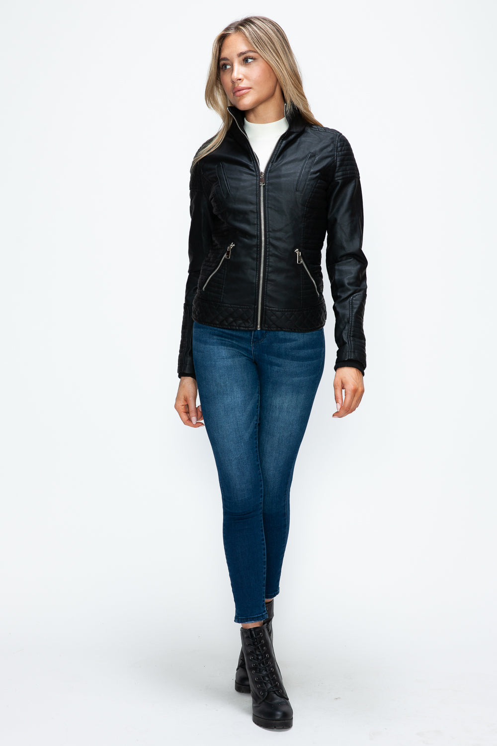 YMI Faux Layered Double-Zipper Jacket with Fuzzy Hood 15663 | Gulf Resellers