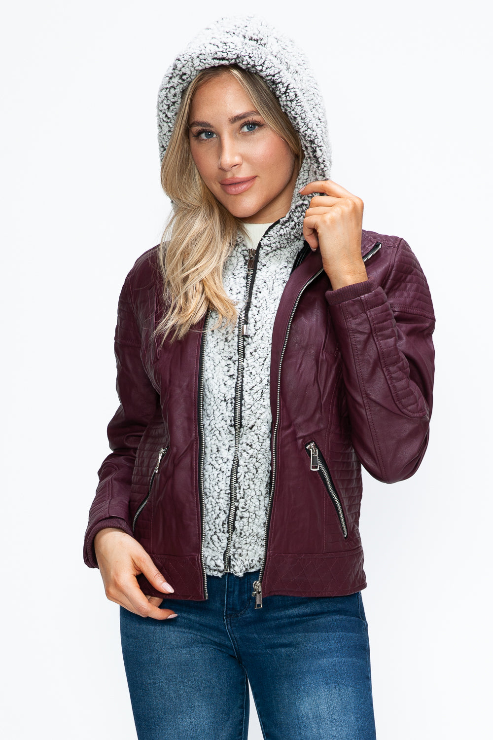YMI Faux Layered Double-Zipper Jacket with Fuzzy Hood 15730 | Gulf Resellers