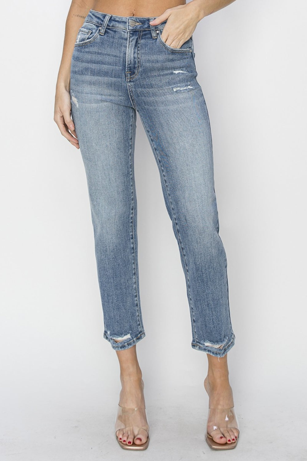 RISEN Full Size High Waist Distressed Cropped Jeans | Gulf Resellers