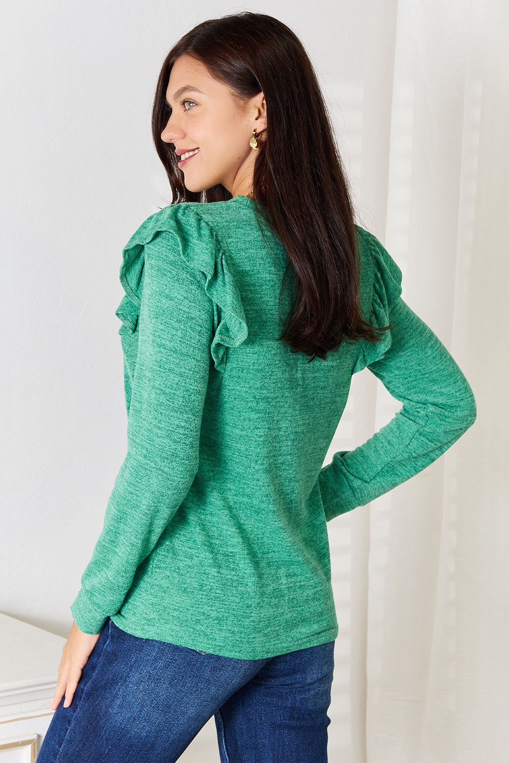 Double Take Ruffle Shoulder Long Sleeve T-Shirt | Gulf Resellers