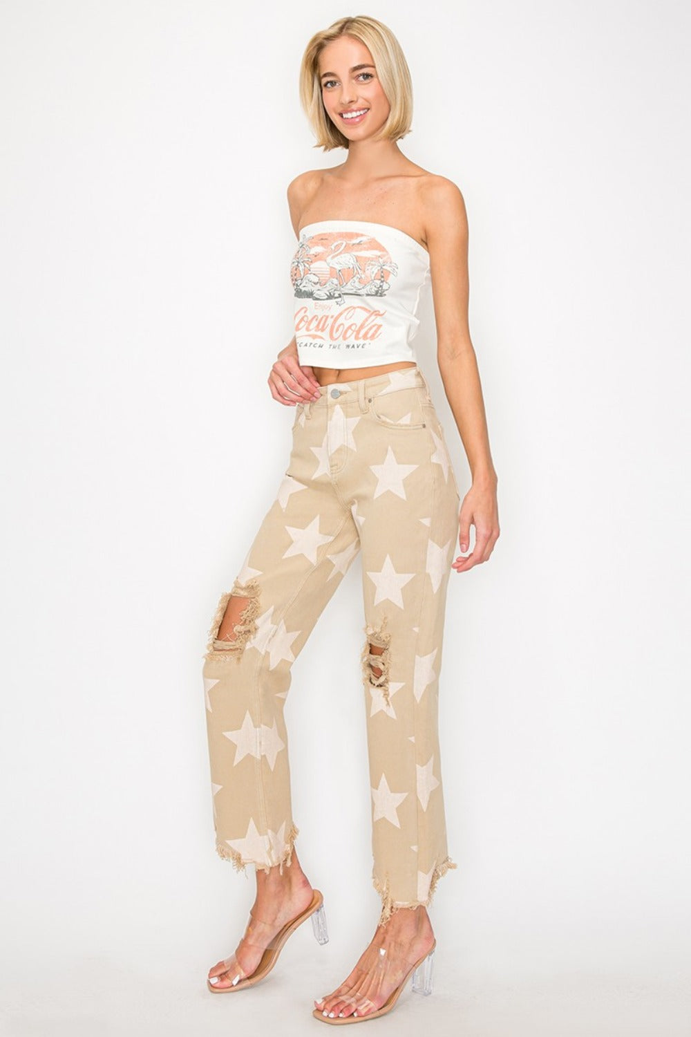 RISEN Full Size High Rise Star Printed Frayed Hem Jeans 8594 | Gulf Resellers