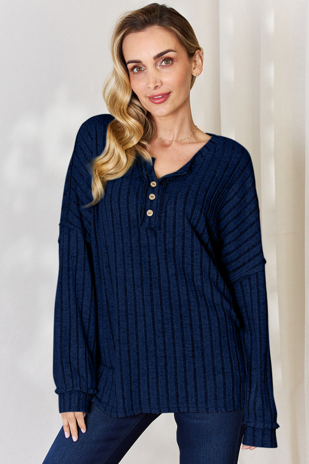 Basic Bae Full Size Ribbed Half Button Long Sleeve T-Shirt | Gulf Resellers