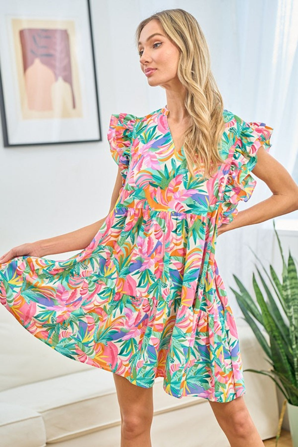 First Love Ruffled Printed Notched Cap Sleeve Dress 5412 | Gulf Resellers