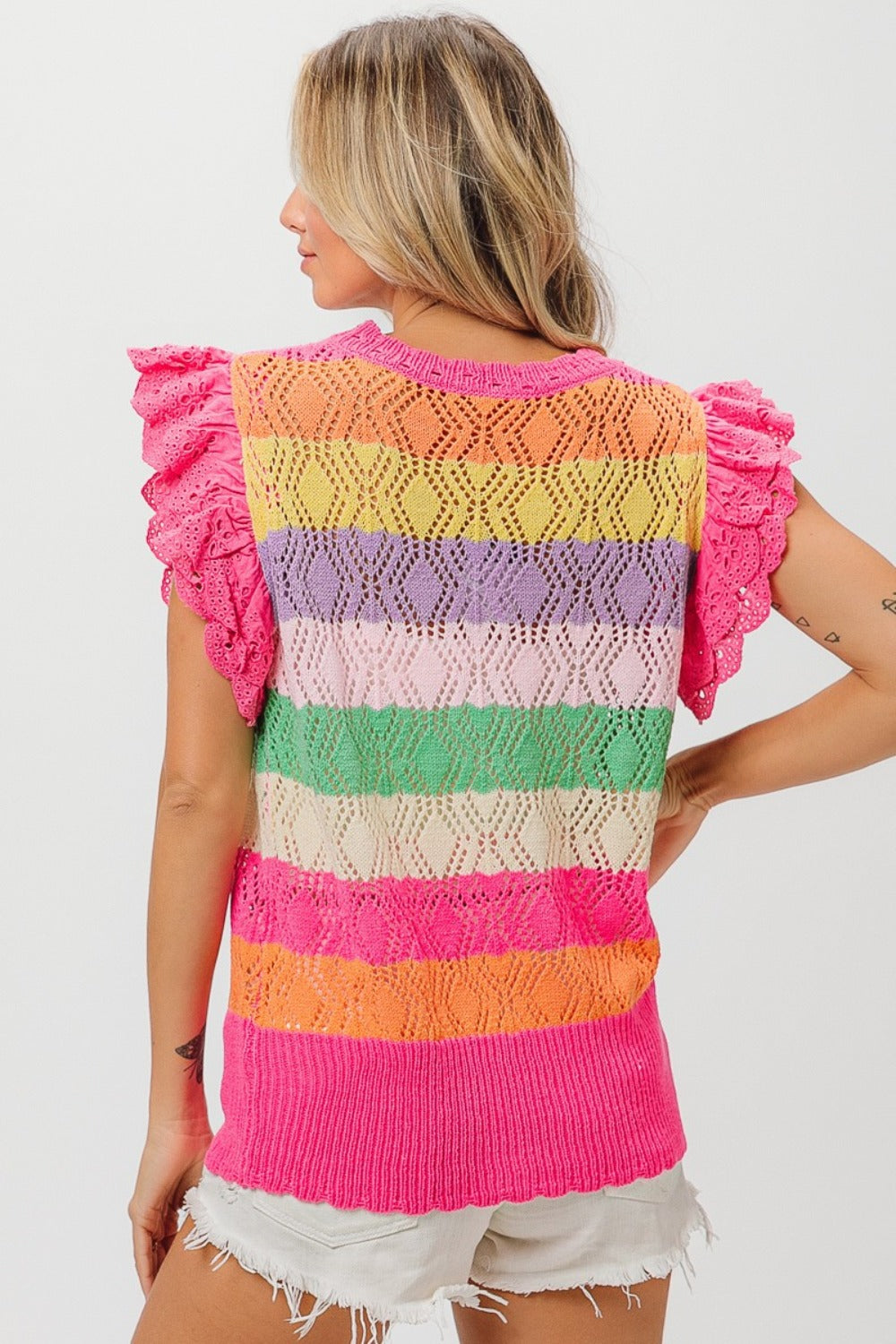 BiBi Pointelle Striped Ruffled Knit Top 8235 | Gulf Resellers