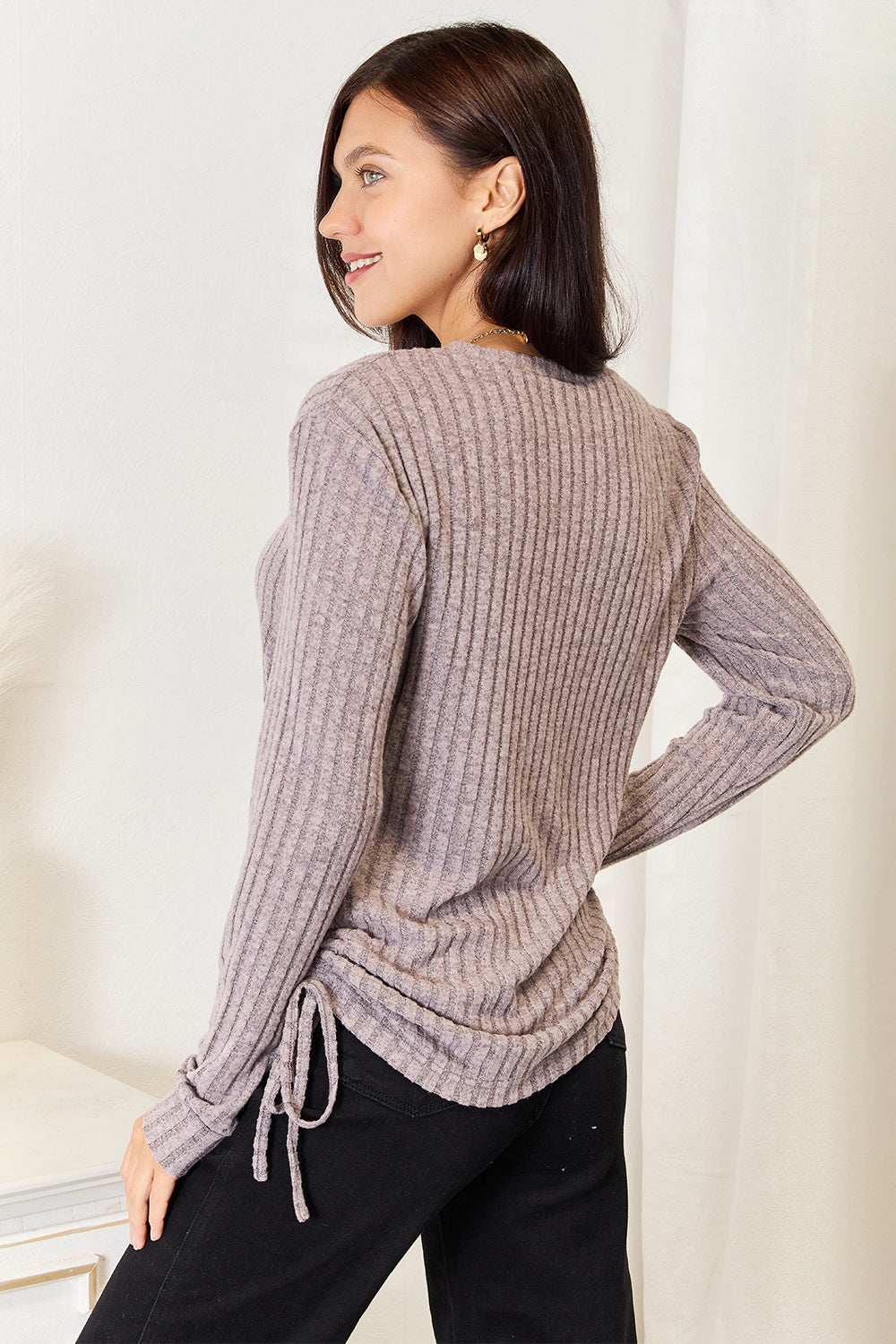 Double Take Drawstring Ribbed Long Sleeve T-Shirt | Gulf Resellers