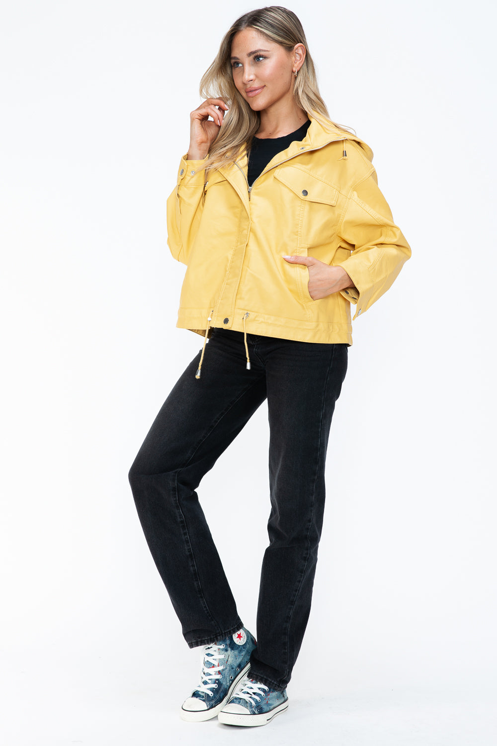 How Dare U Drawstring Hem PU Leather Zip Up Jacket 15679 | Gulf Resellers