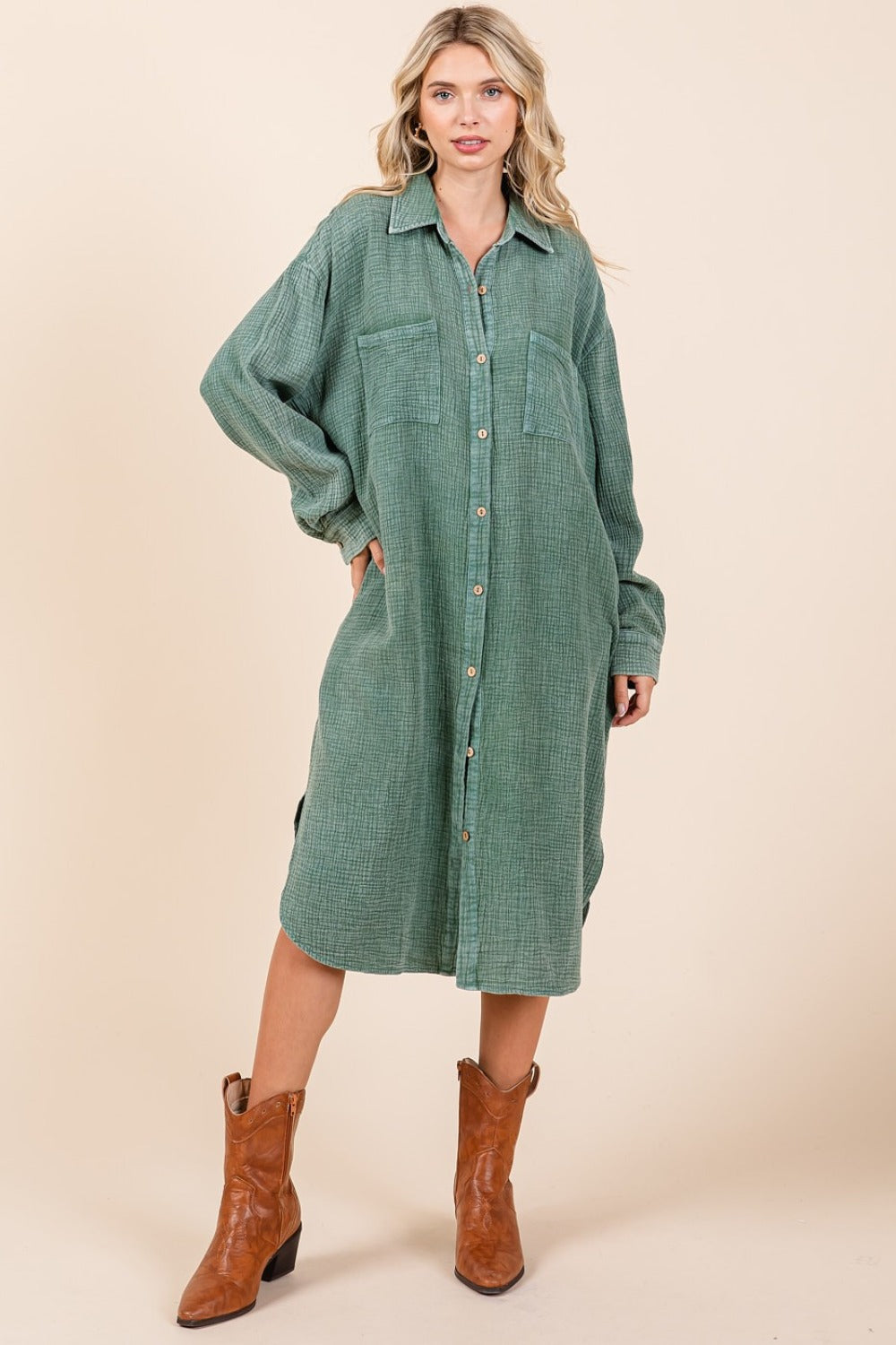 Mittoshop Mineral Wash Cotton Gauze Midi Shirt Dress 9487 | Gulf Resellers