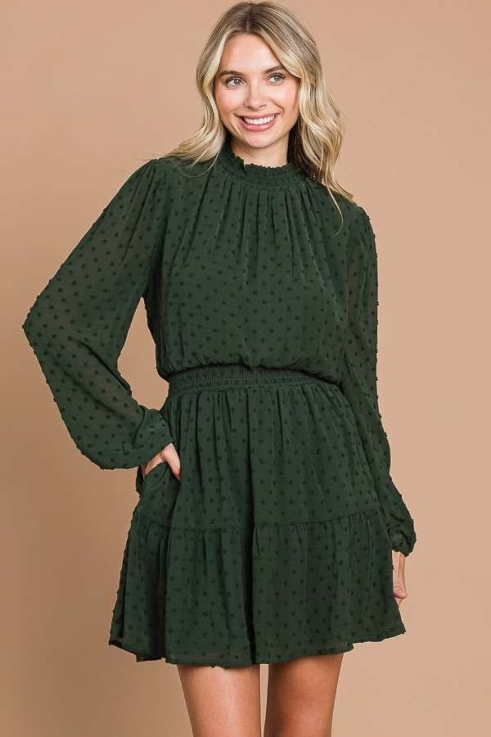 Culture Code Swiss Dot Smock Neck Mini Dress with Pockets 9436 | Gulf Resellers