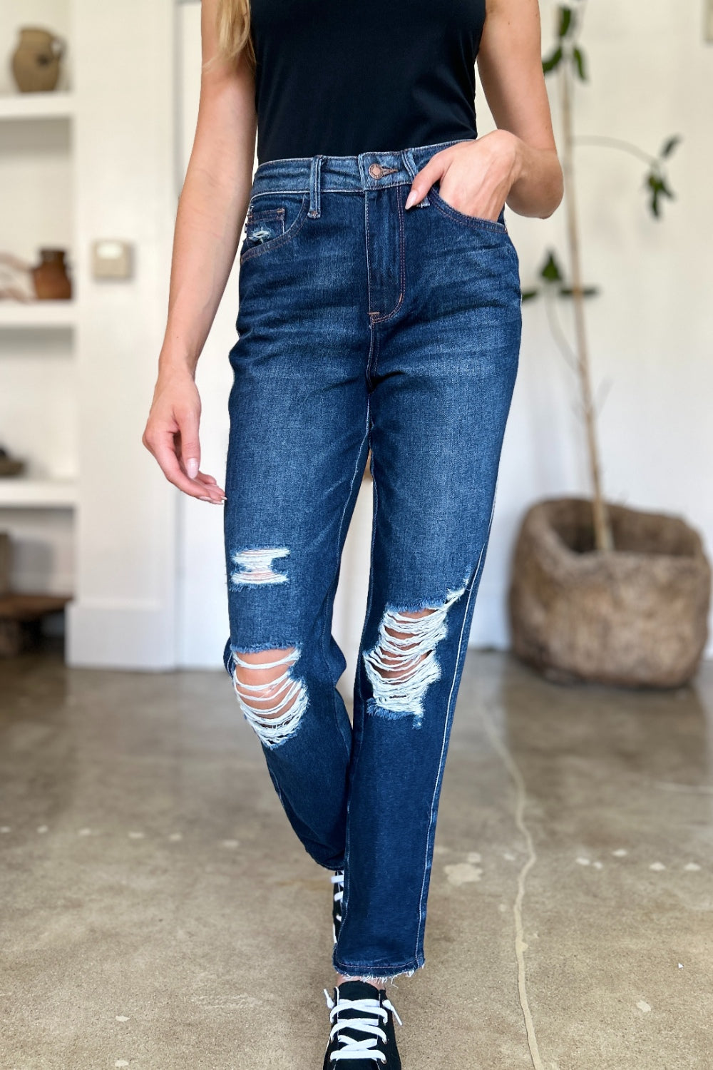 Judy Blue Full Size High Waist Rigid Magic Heavy Destroy Straight Jeans 8551 | Gulf Resellers