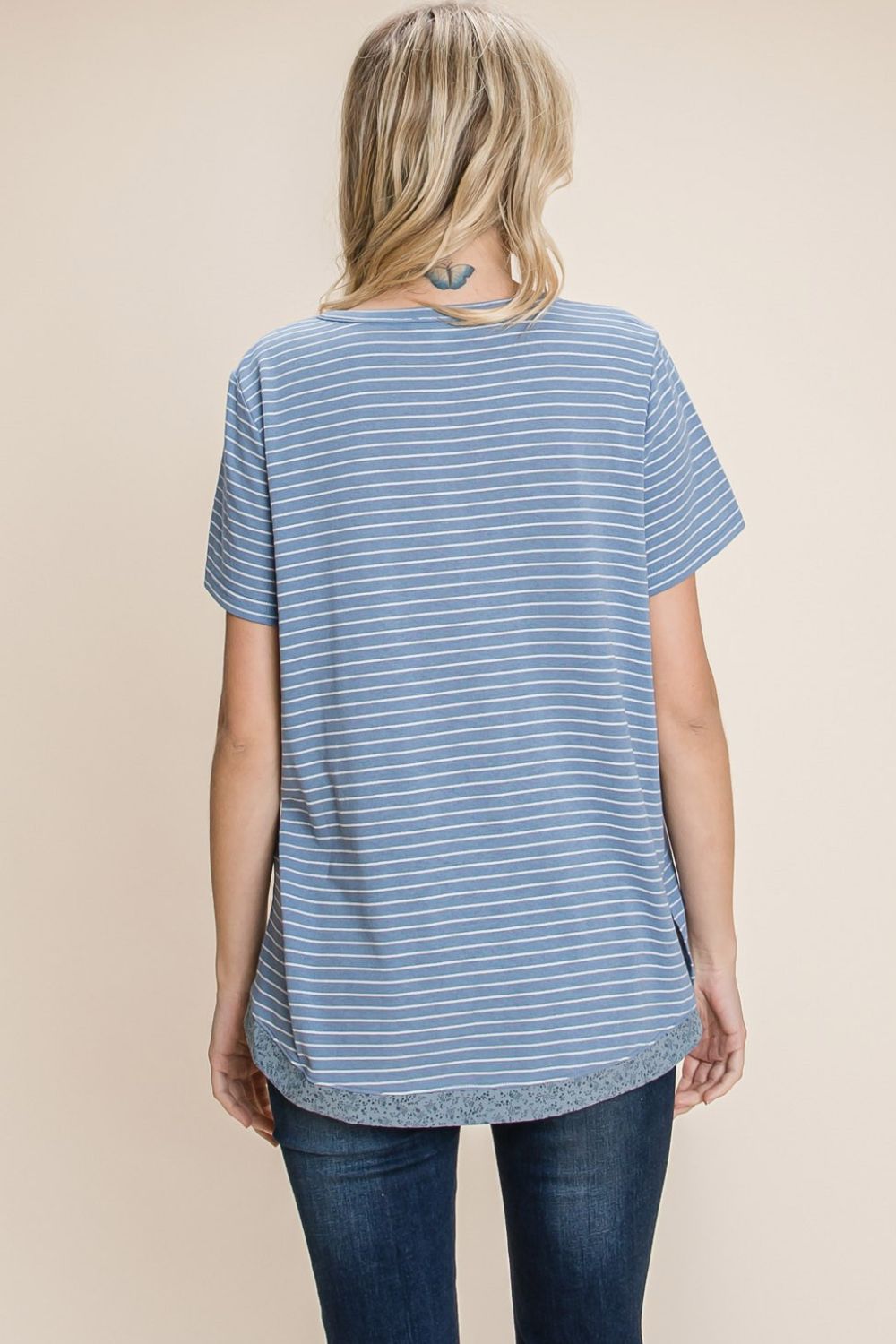 Cotton Bleu by Nu Lab Slit Striped Notched Short Sleeve T-Shirt 7317 | Gulf Resellers