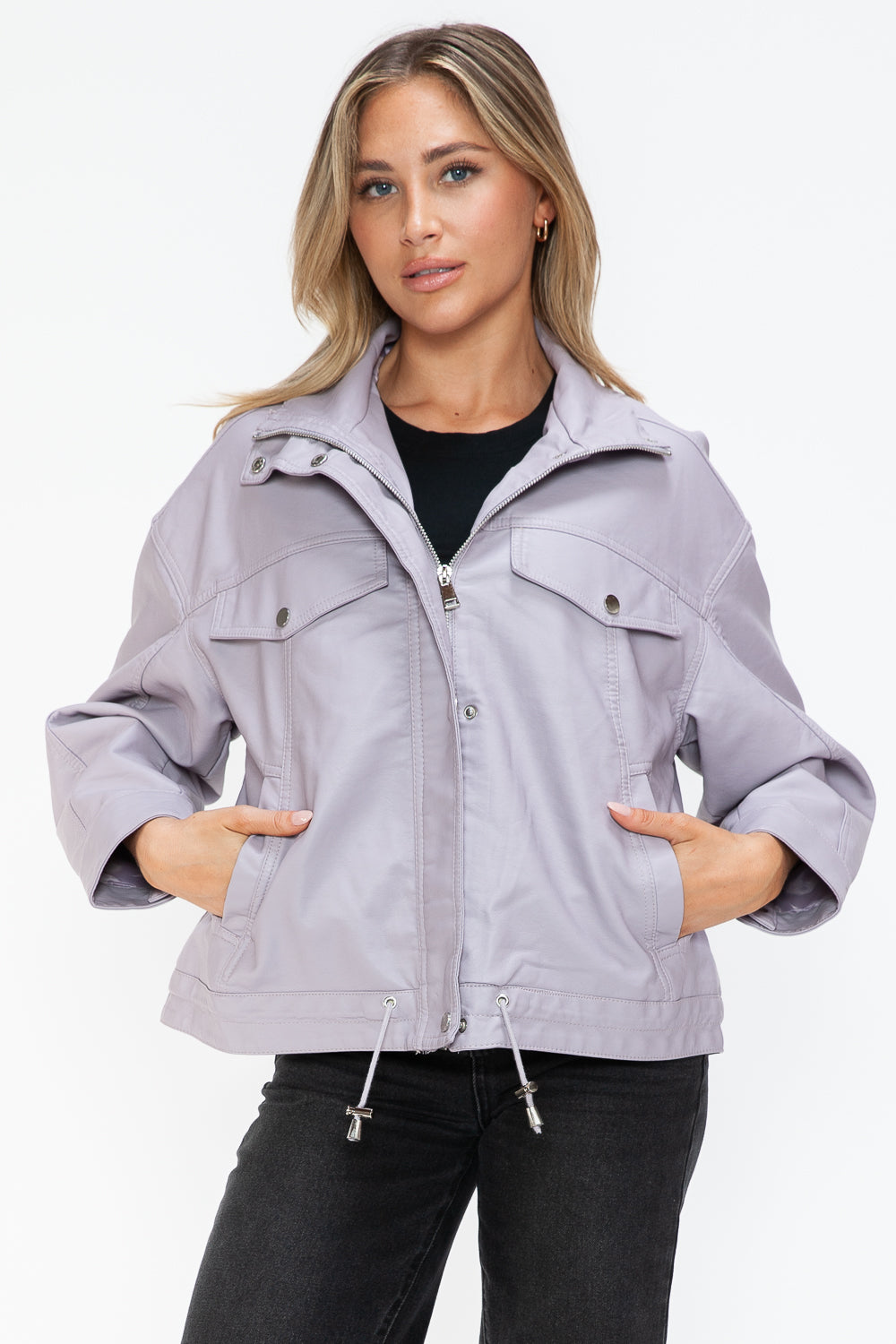 How Dare U Drawstring Hem PU Leather Zip Up Jacket 15447 | Gulf Resellers