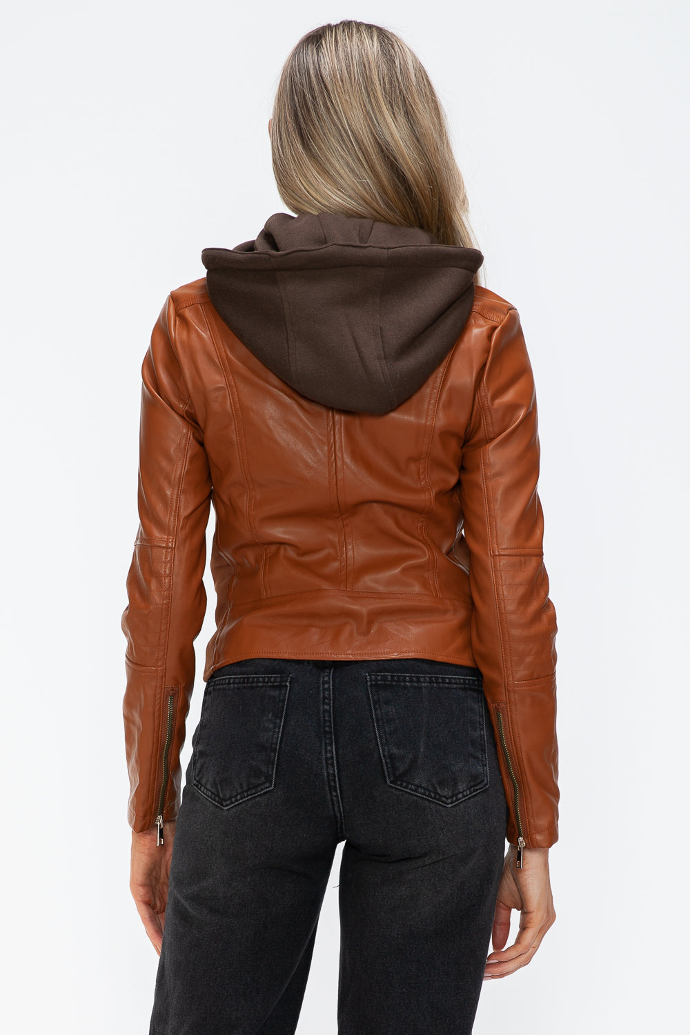 Snobbish Faux Leather Zip Up Drawstring Hooded Jacket 15998 | Gulf Resellers