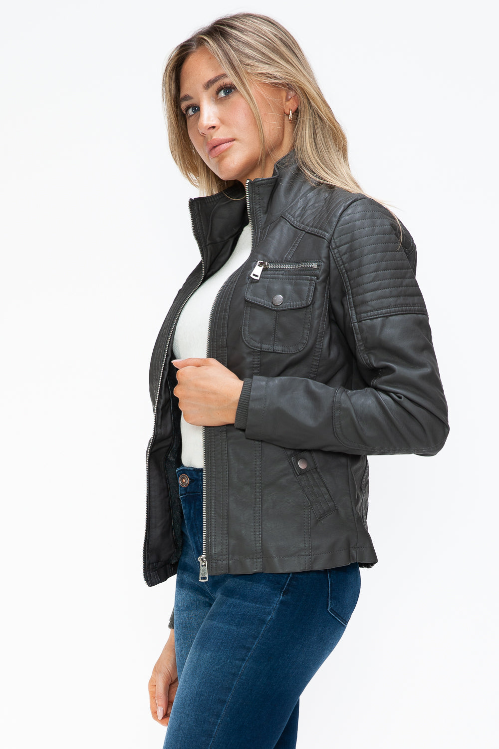 YMI Removable Faux Layered Multi-Pocket Jacket with Fuzzy Hood 15251 | Gulf Resellers