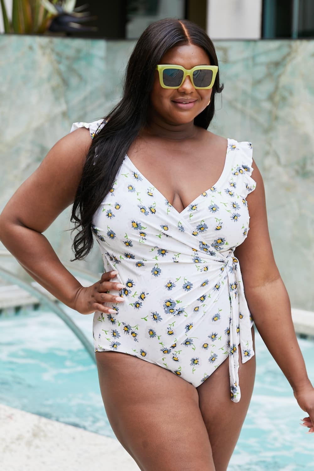 Marina West Swim Float On Ruffle Faux Wrap One-Piece in Daisy Cream | Gulf Resellers