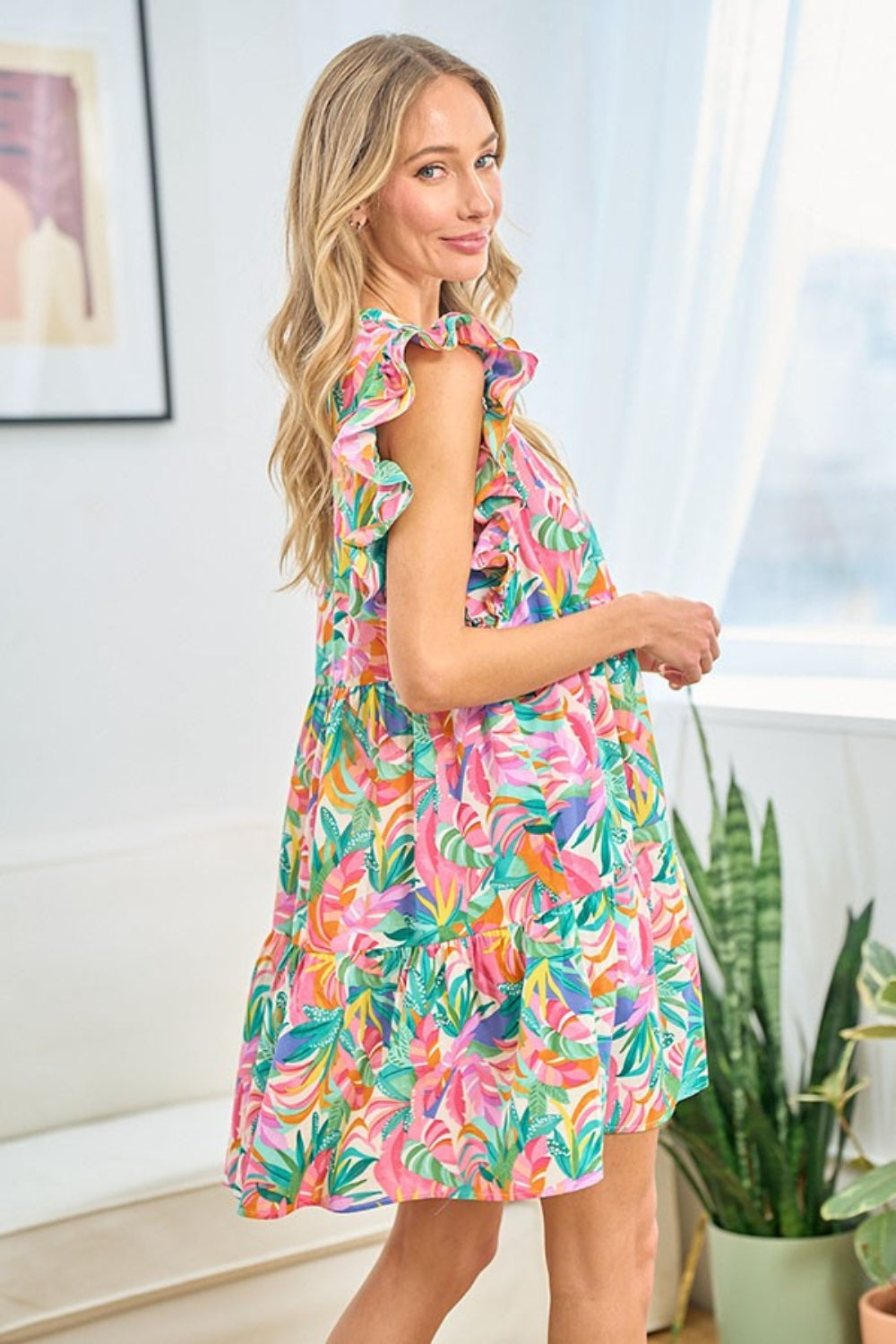 First Love Ruffled Printed Notched Cap Sleeve Dress 5414 | Gulf Resellers