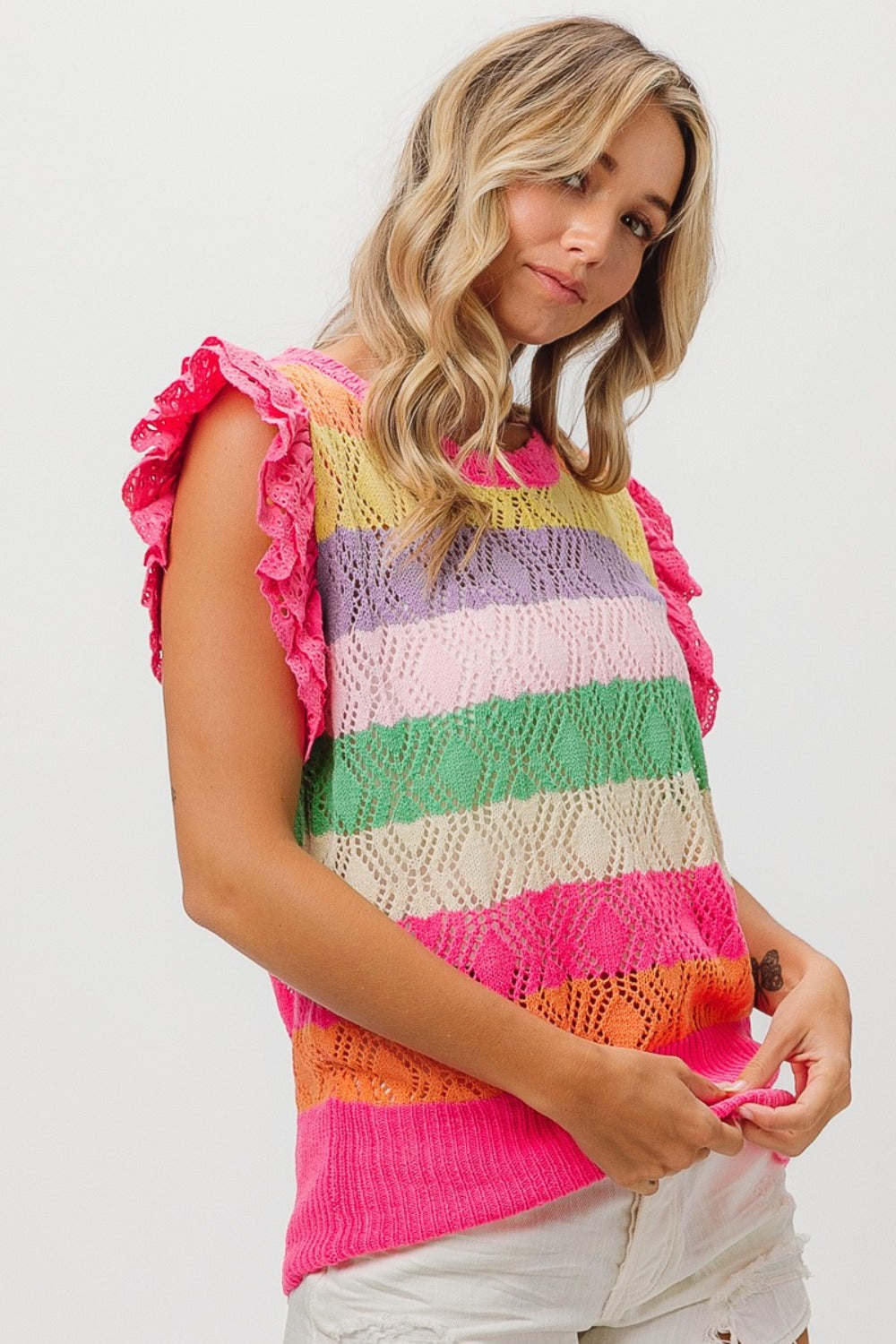 BiBi Pointelle Striped Ruffled Knit Top 8236 | Gulf Resellers