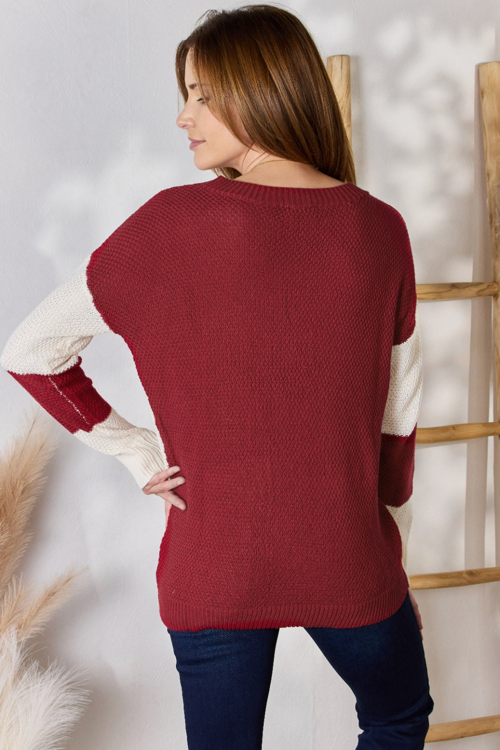 Hailey & Co Full Size Color Block Dropped Shoulder Knit Top | Gulf Resellers