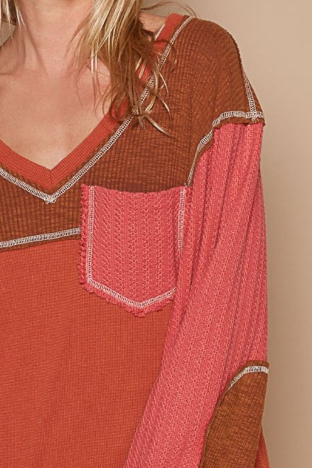 POL V-Neck Knit Panel Exposed Seam Top 8192 | Gulf Resellers