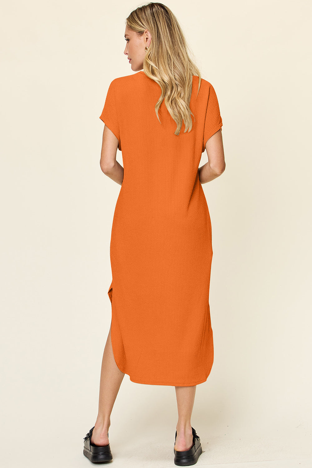 Double Take Full Size Round Neck Short Sleeve Slit Dress 5474 | Gulf Resellers