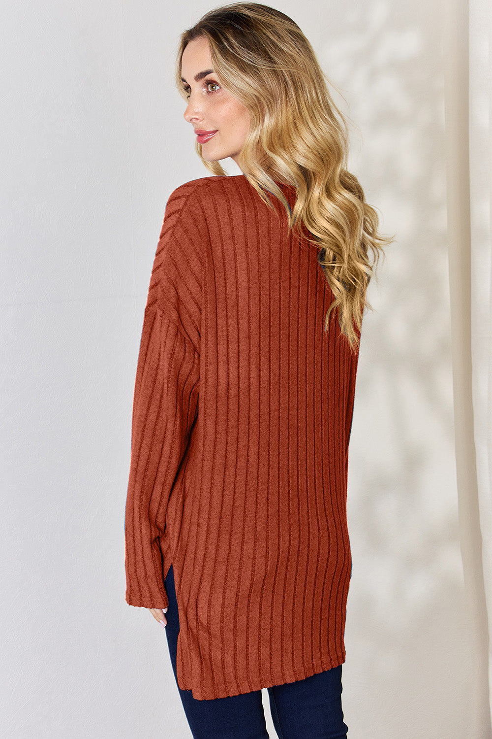 Basic Bae Full Size Ribbed Half Button Long Sleeve High-Low T-Shirt | Gulf Resellers