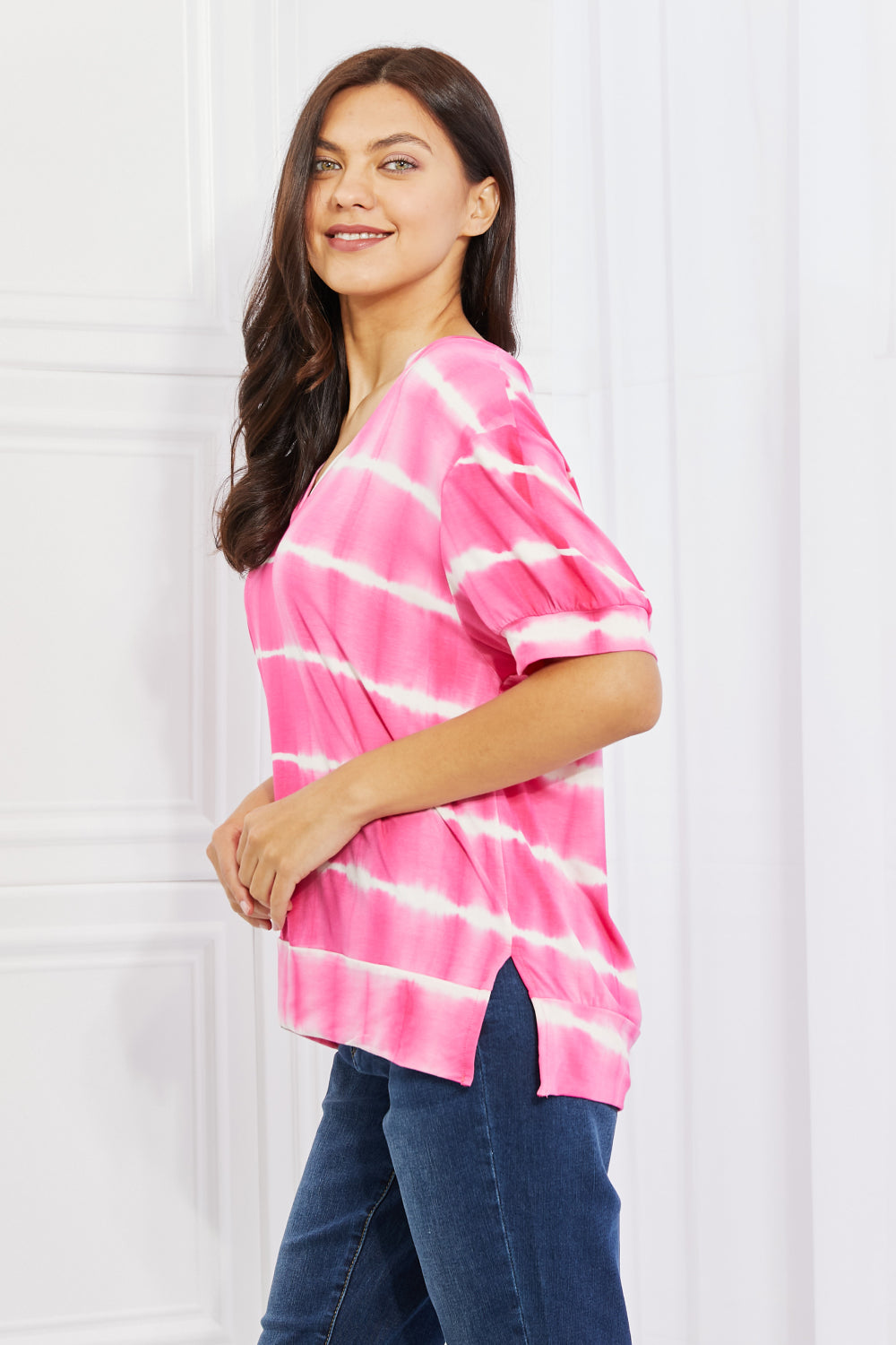Yelete Full Size Oversized Fit V-Neck Striped Top | Gulf Resellers