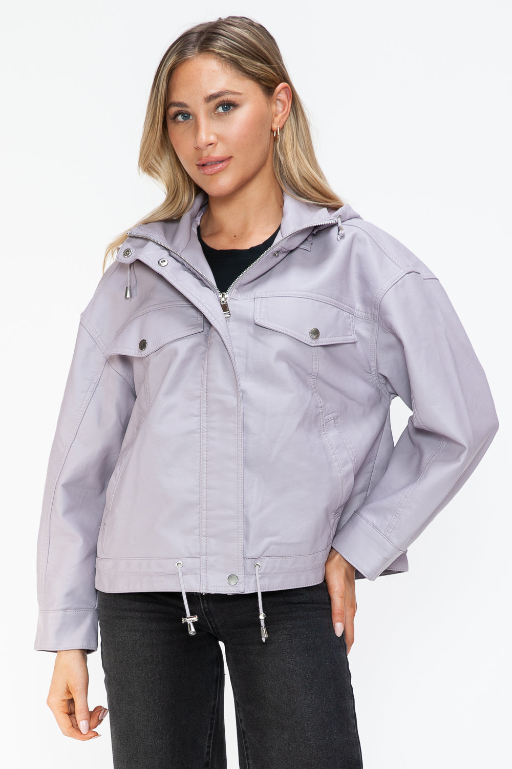 How Dare U Drawstring Hem PU Leather Zip Up Jacket 15438 | Gulf Resellers