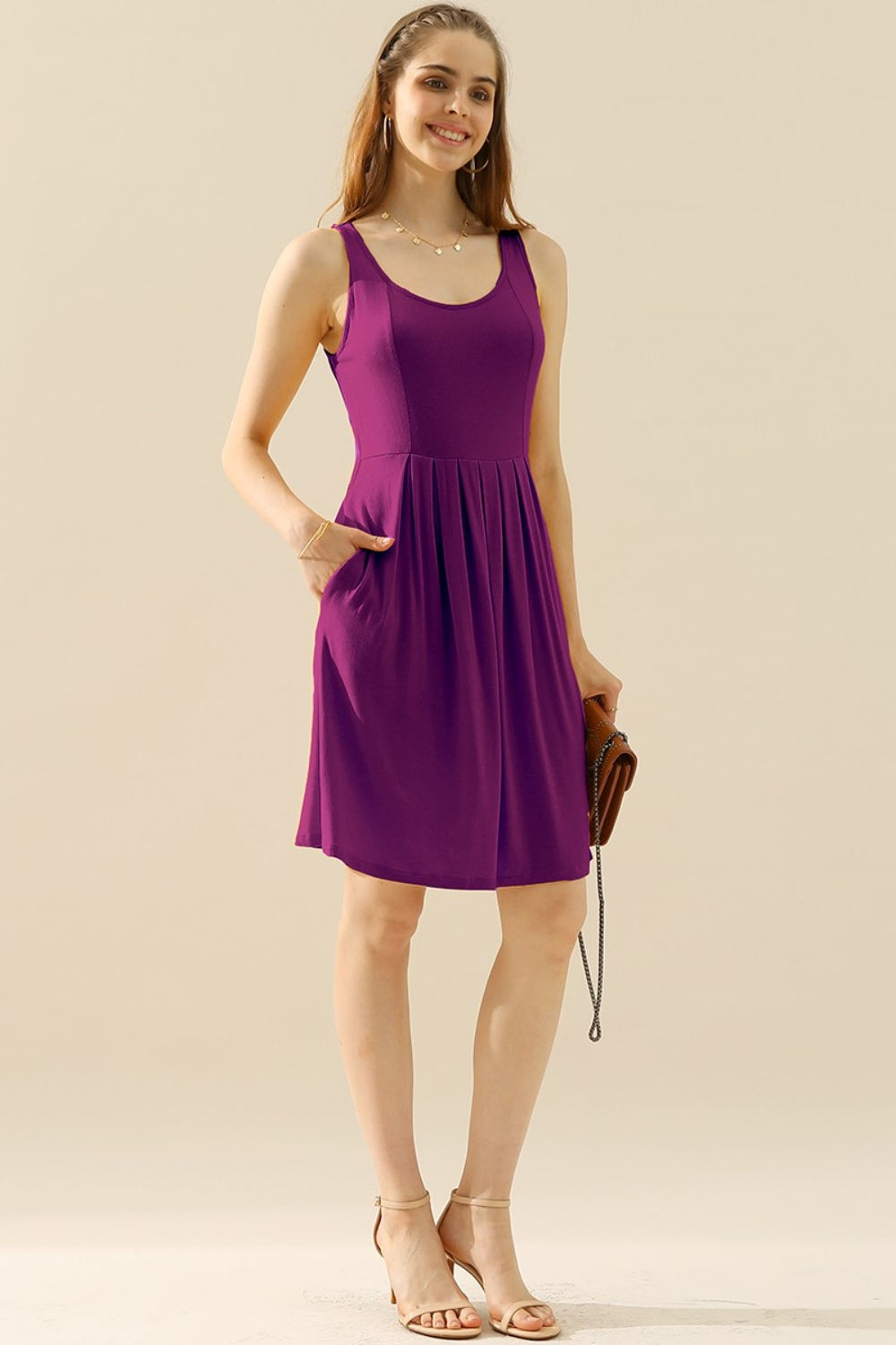 Doublju Full Size Round Neck Ruched Sleeveless Dress with Pockets | Gulf Resellers