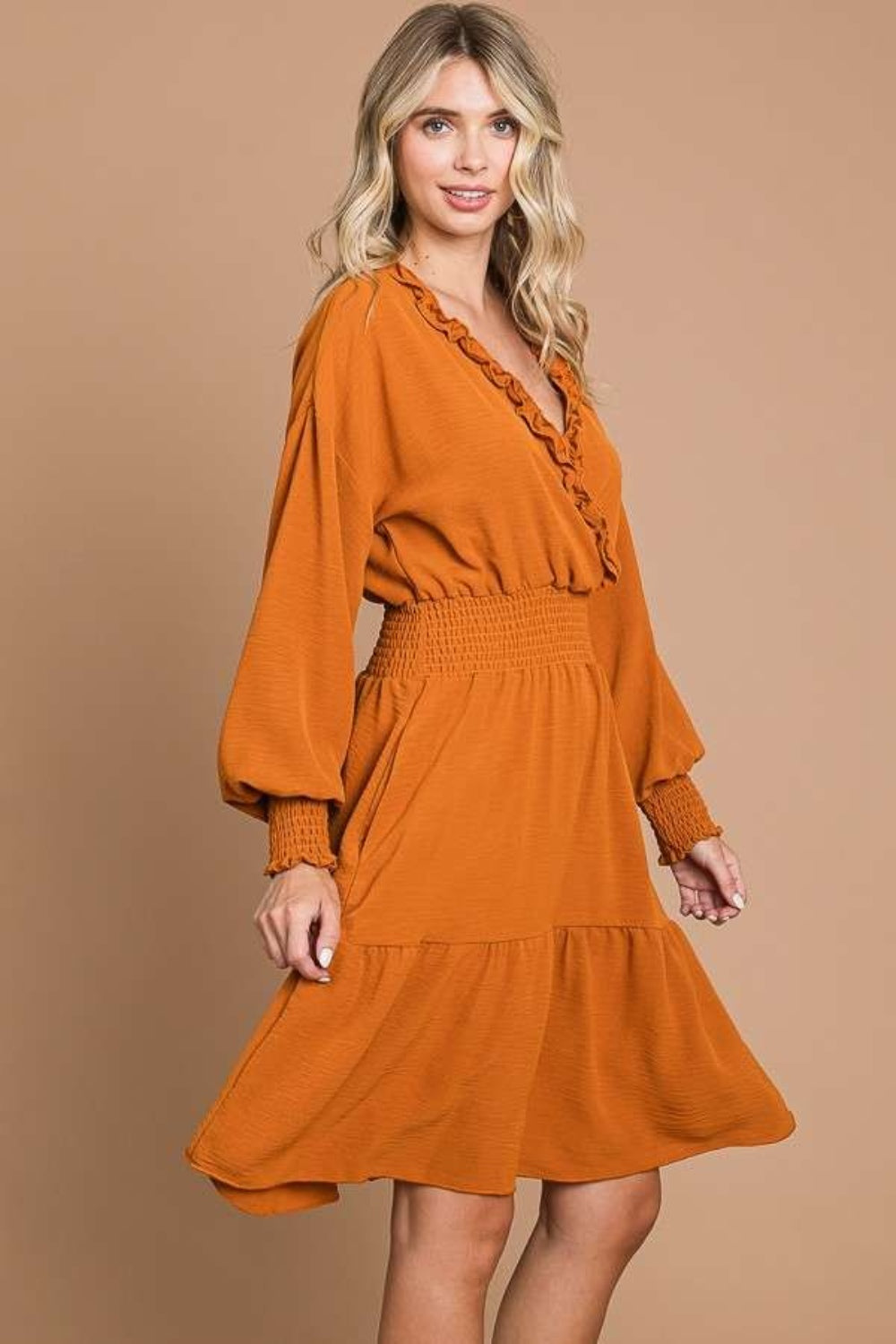 Culture Code Full Size Frill Smocked Lantern Sleeve Mini Dress 5243 | Gulf Resellers