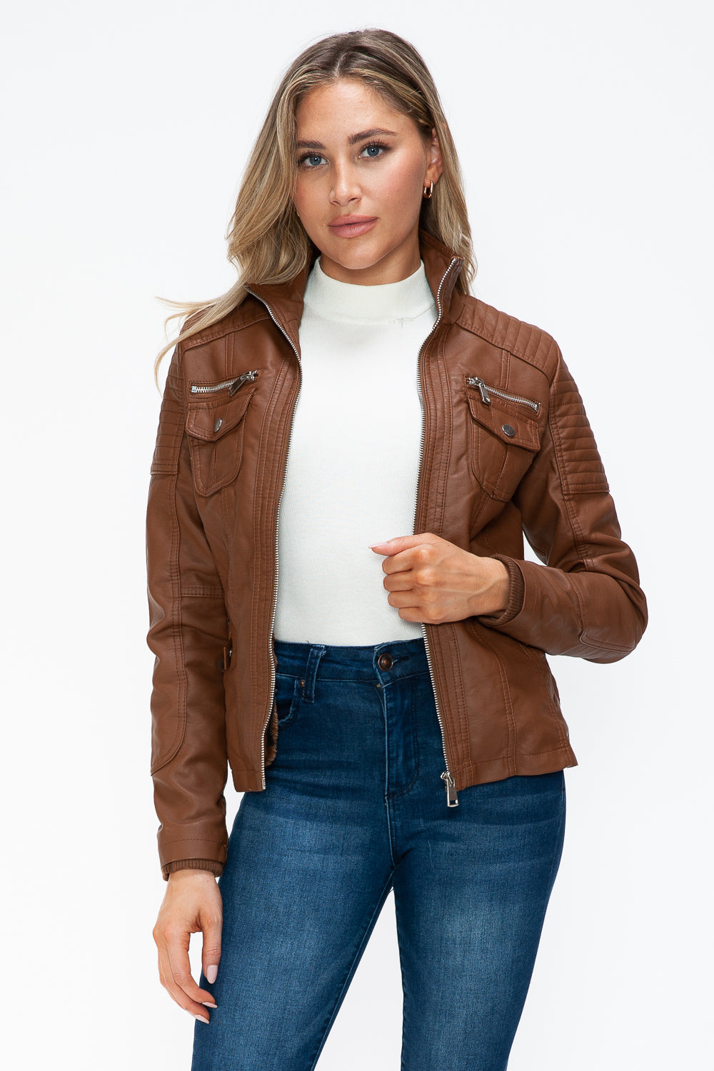 YMI Removable Faux Layered Multi-Pocket Jacket with Fuzzy Hood 15794 | Gulf Resellers