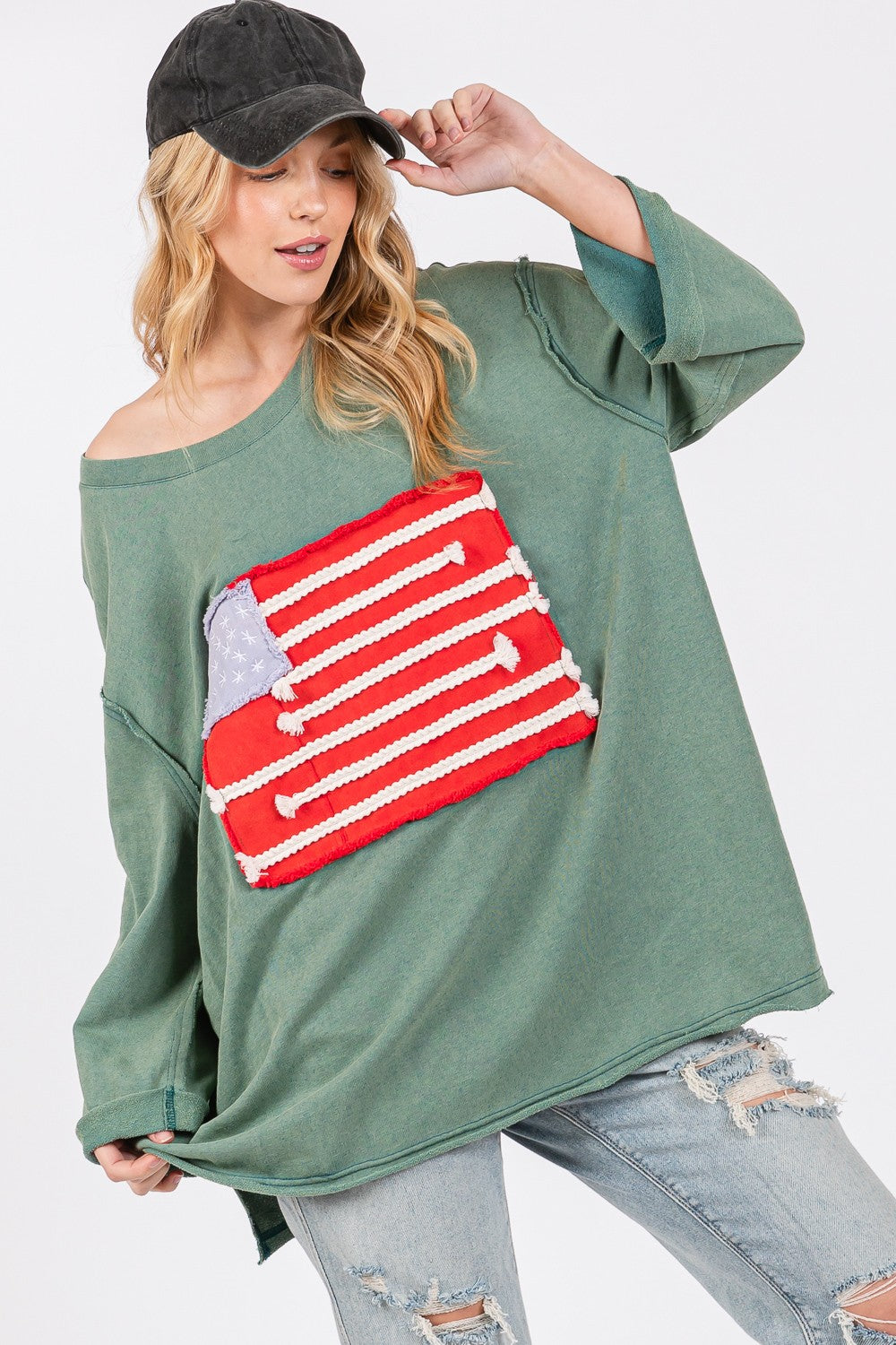 SAGE + FIG Full Size American Flag Patch Drop Shoulder T-Shirt 18554 | Gulf Resellers