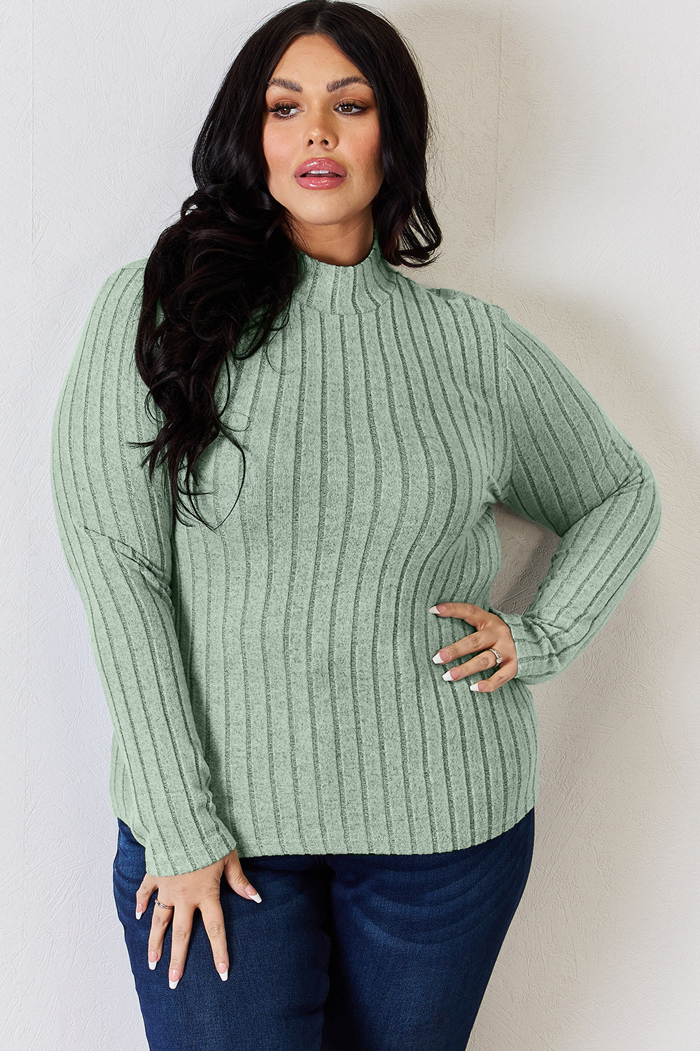 Basic Bae Full Size Ribbed Mock Neck Long Sleeve T-Shirt | Gulf Resellers
