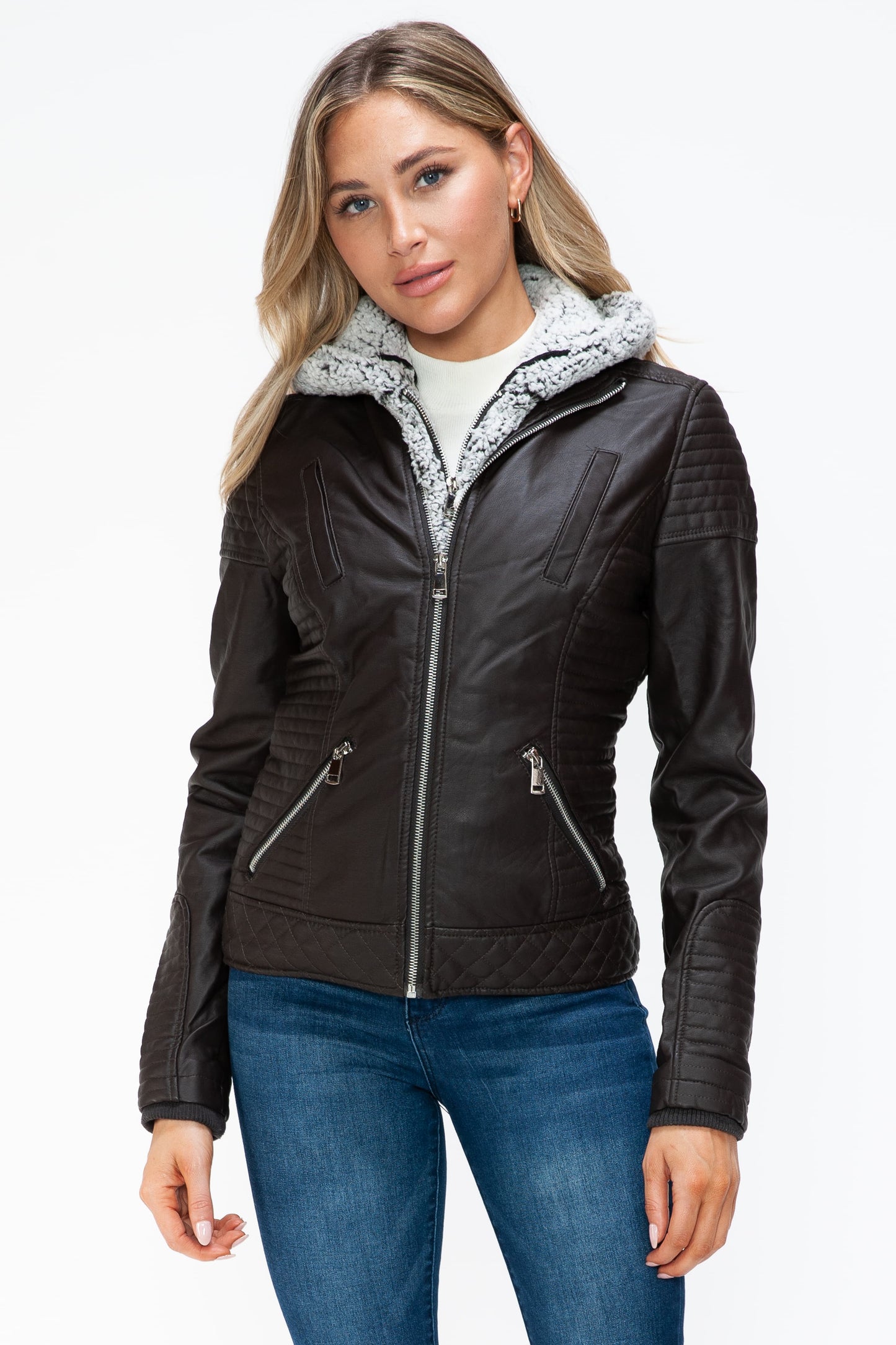 YMI Faux Layered Double-Zipper Jacket with Fuzzy Hood 15962 | Gulf Resellers