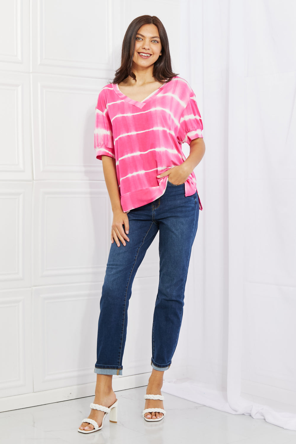 Yelete Full Size Oversized Fit V-Neck Striped Top | Gulf Resellers