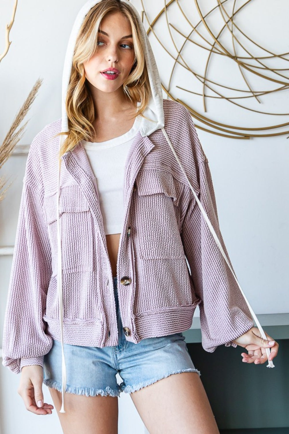 Reborn J Contrast Hooded Button Down Ribbed Jacket 13348 | Gulf Resellers