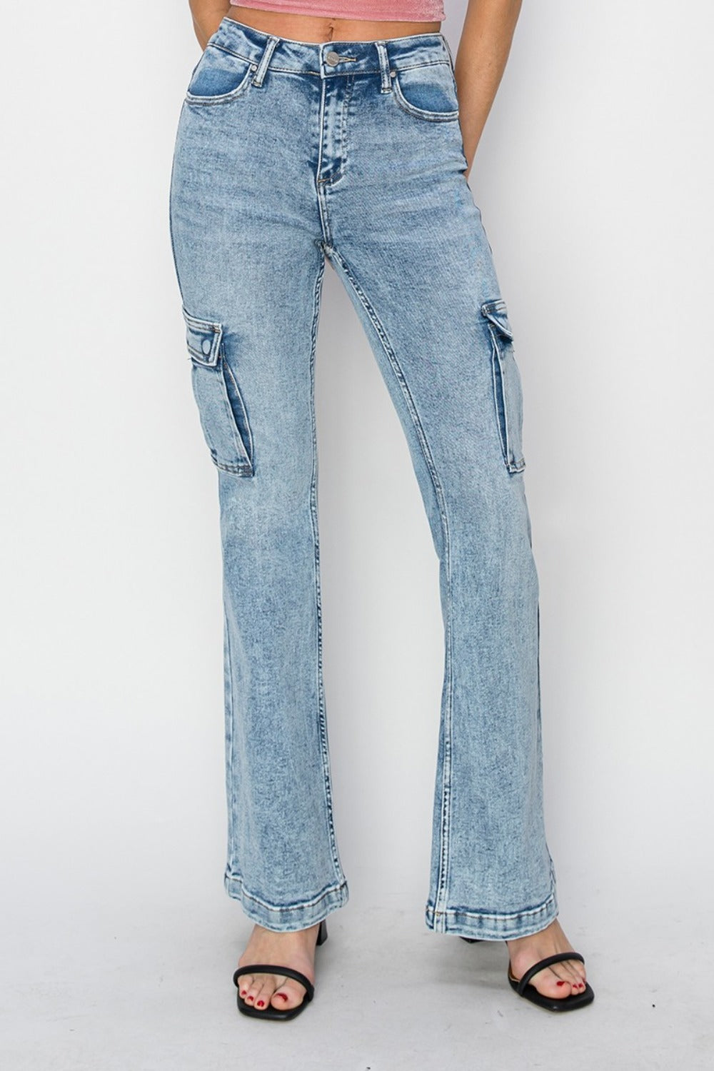 RISEN Full Size High Rise Cargo Flare Jeans 11083 | Gulf Resellers