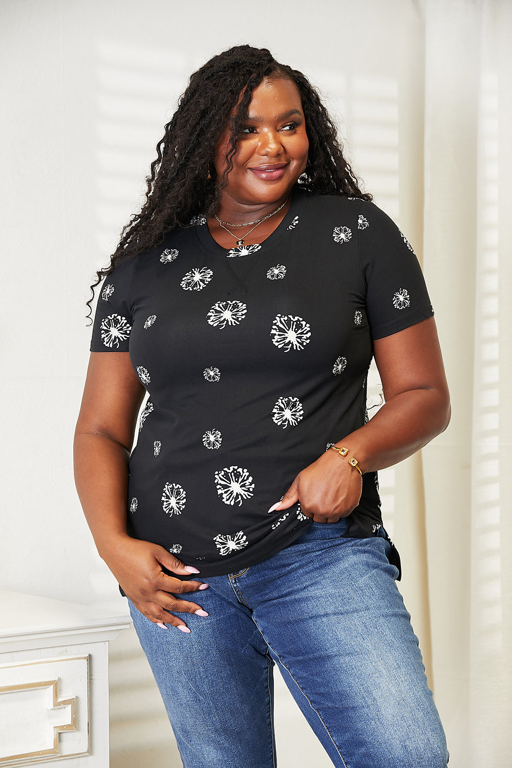 Double Take Dandelion Print Round Neck T-Shirt | Gulf Resellers