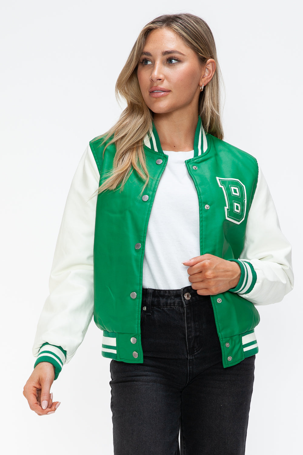 Love Me Now PU Leather Contrast Snap Down Bomber Jacket 15773 | Gulf Resellers