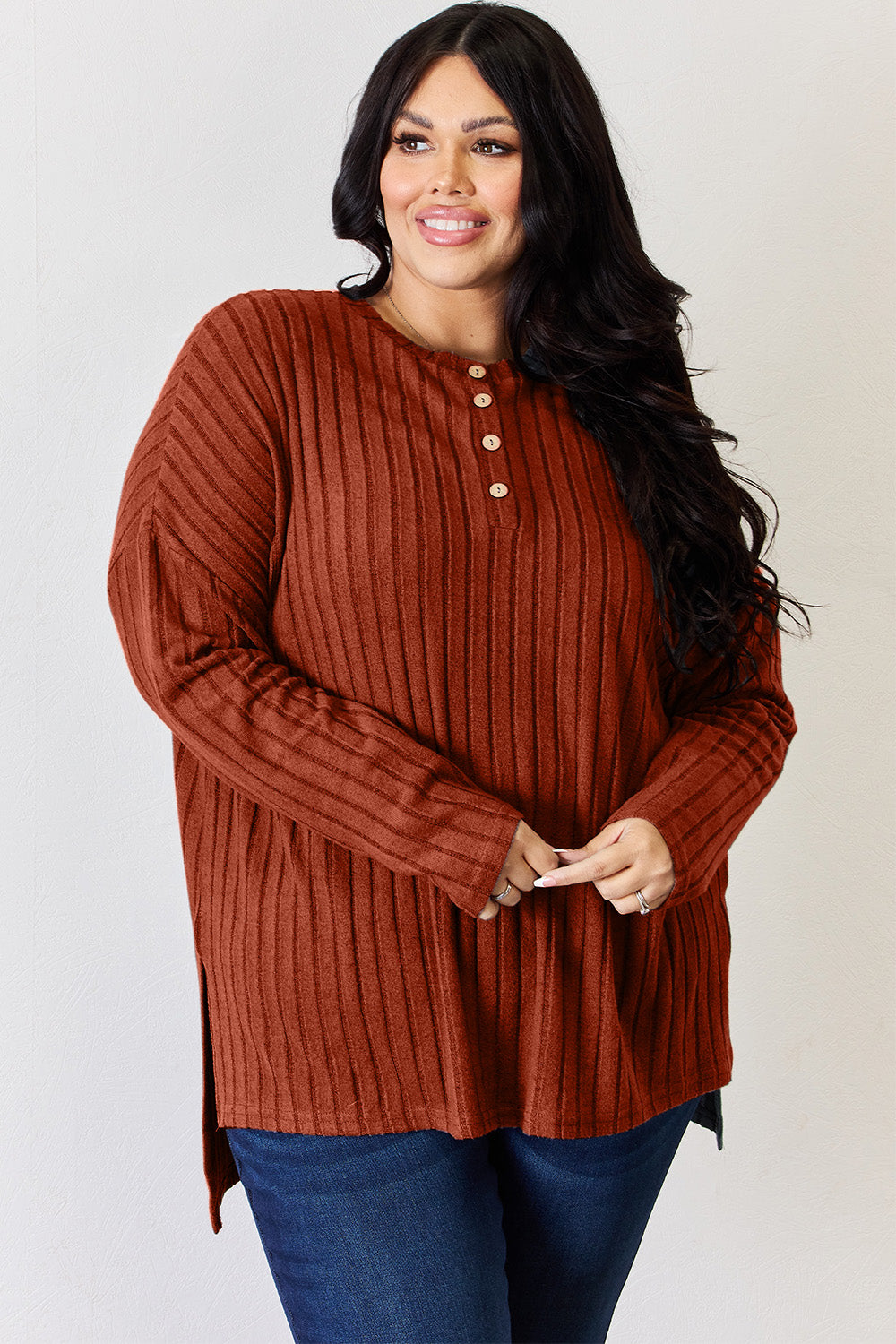 Basic Bae Full Size Ribbed Half Button Long Sleeve High-Low T-Shirt | Gulf Resellers
