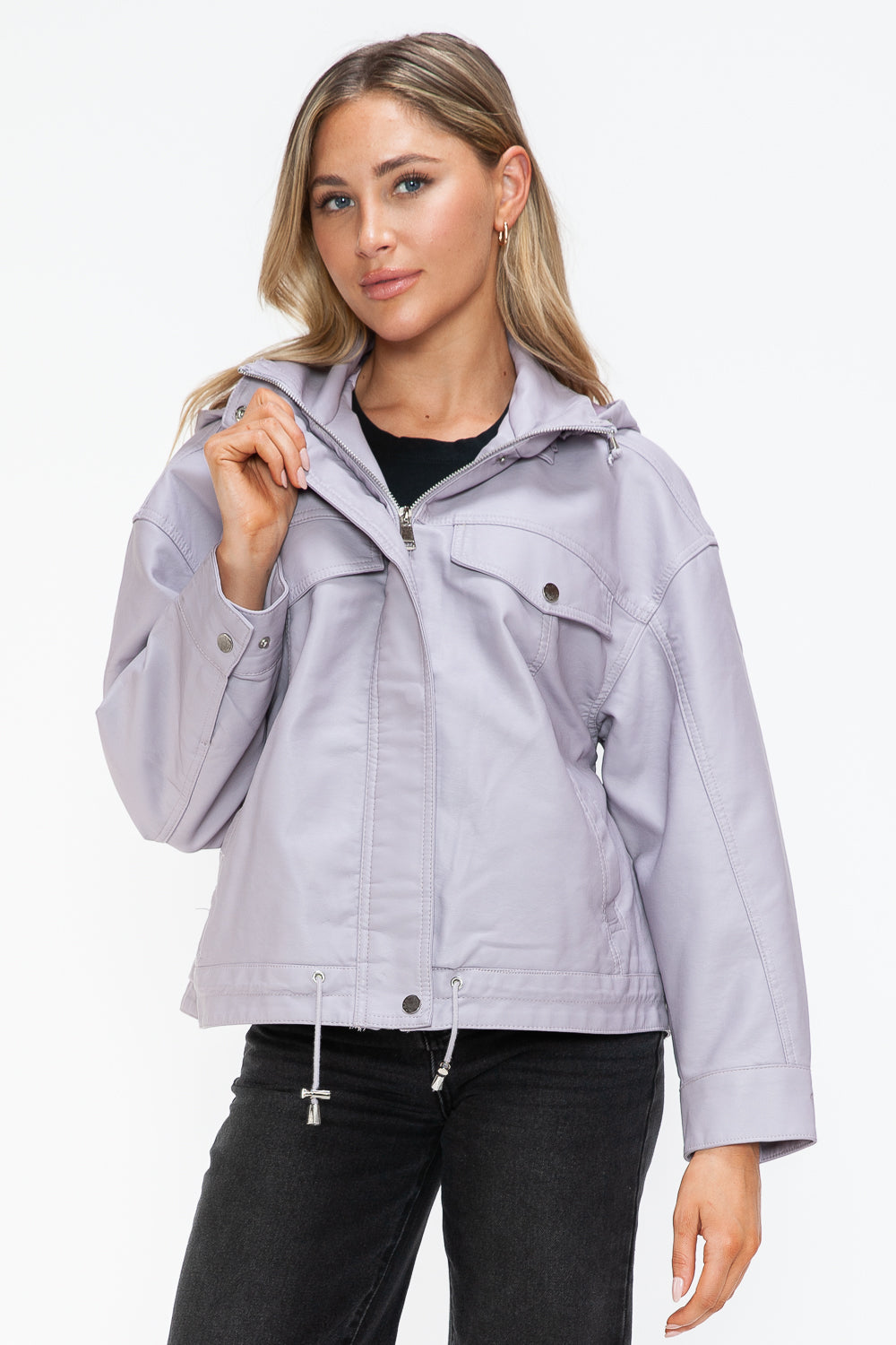 How Dare U Drawstring Hem PU Leather Zip Up Jacket 15437 | Gulf Resellers