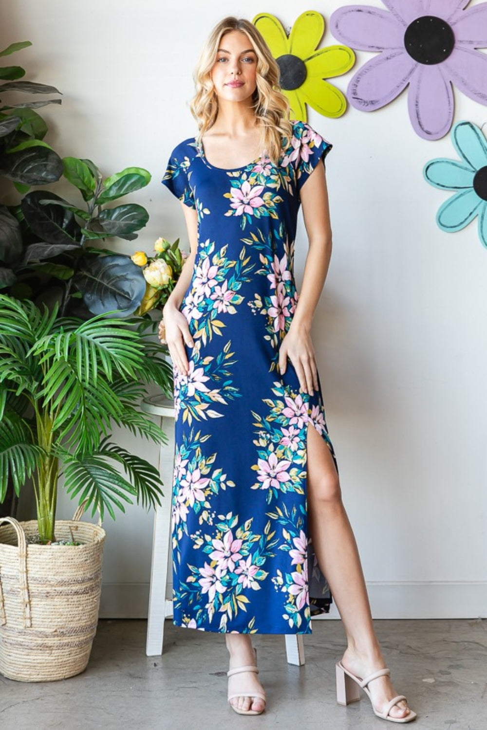Heimish Full Size Floral Short Sleeve Slit Dress 5161 | Gulf Resellers